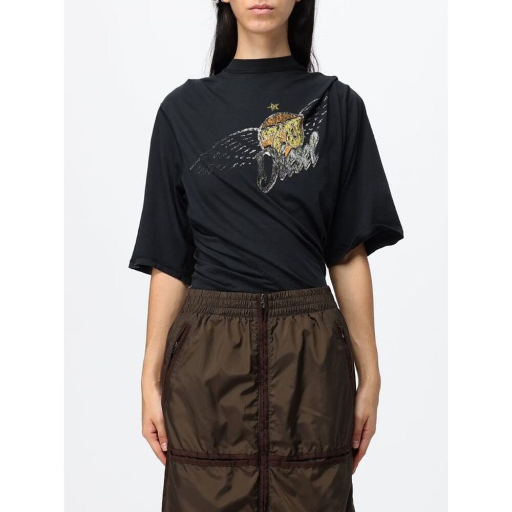 Diesel Women Diesel Asymmetric Cotton T-Shirt With Mock Neck And Logo Print